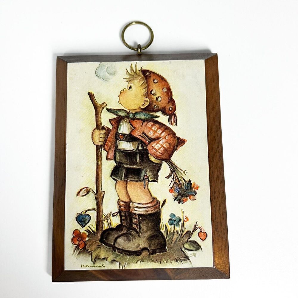 Vintage Hummel Boy with Walking Stick Little Hiker Print On Wood 6” By 4.5”